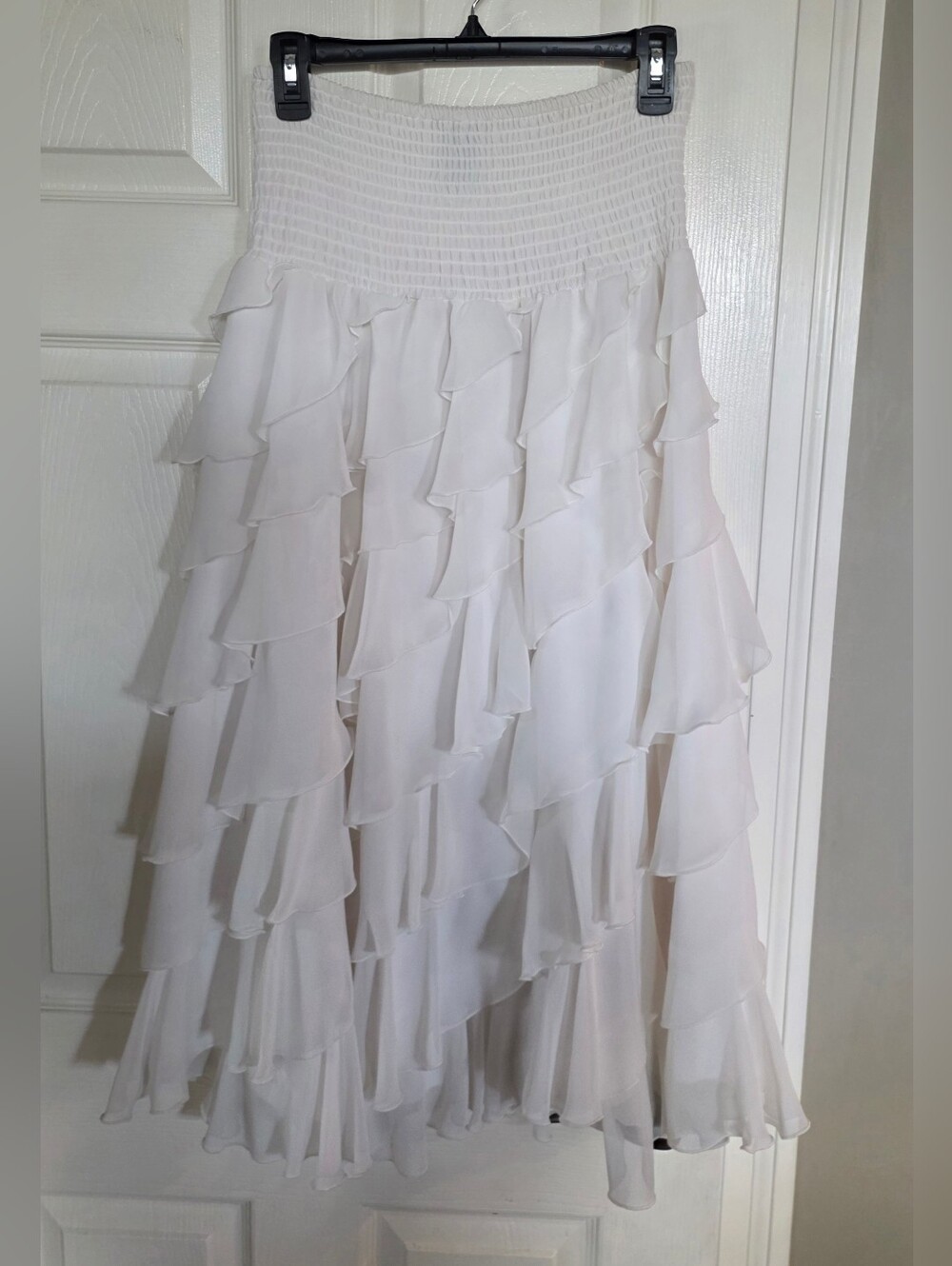 S. Levine Off White Ruffle Tier Maxi Chiffon Elastic Waist Flowy Skirt Medium